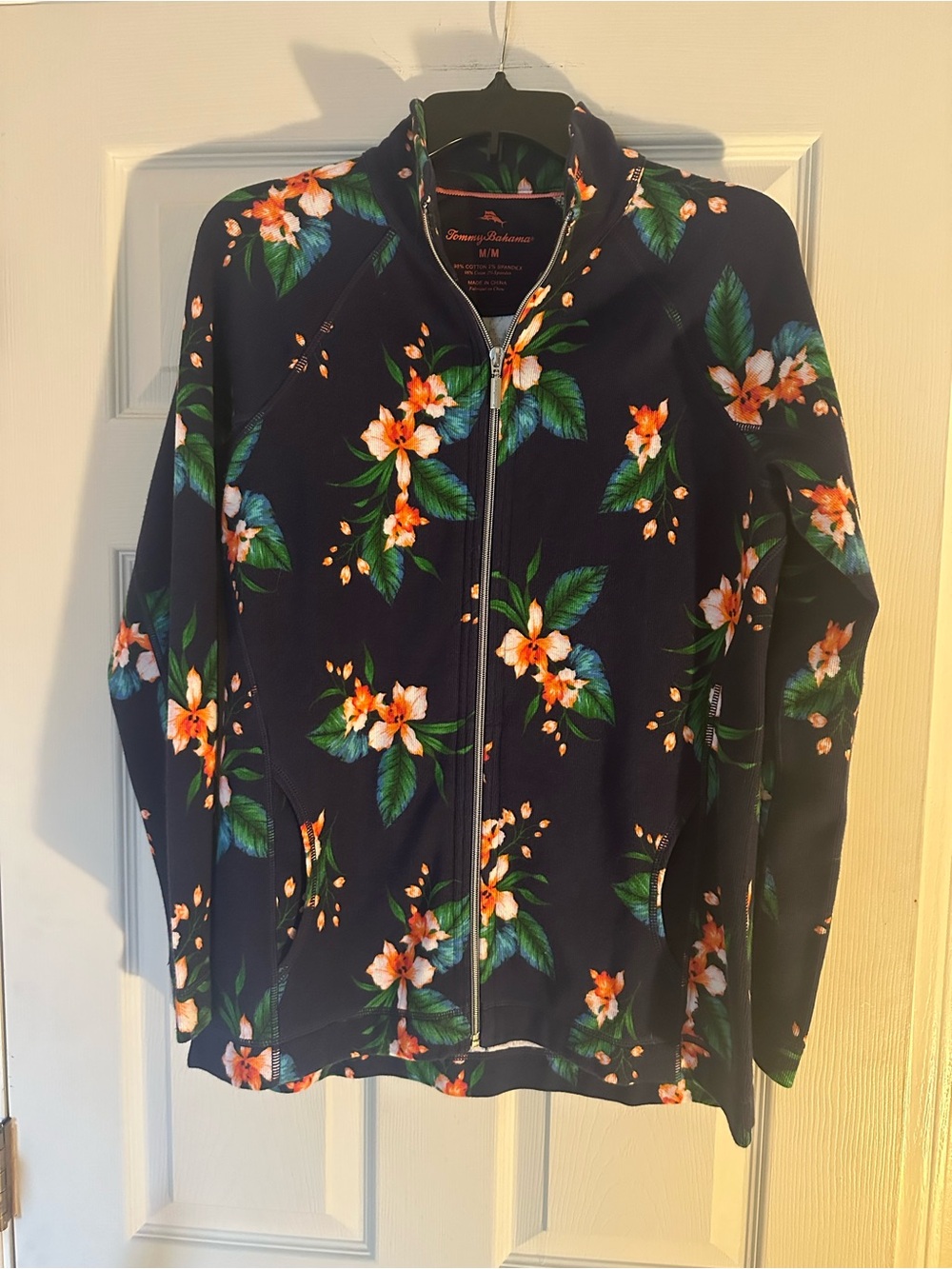 Tommy Bahama Navy Floral Zip Front Jacket with Orange Accents